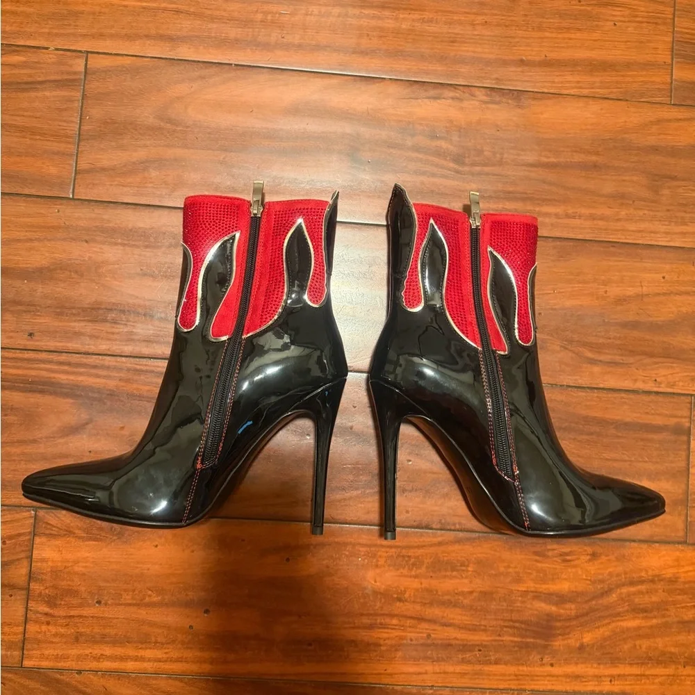 Azalea Wakg Fiery Red and Black Heeled Boots - Picture 5 of 10